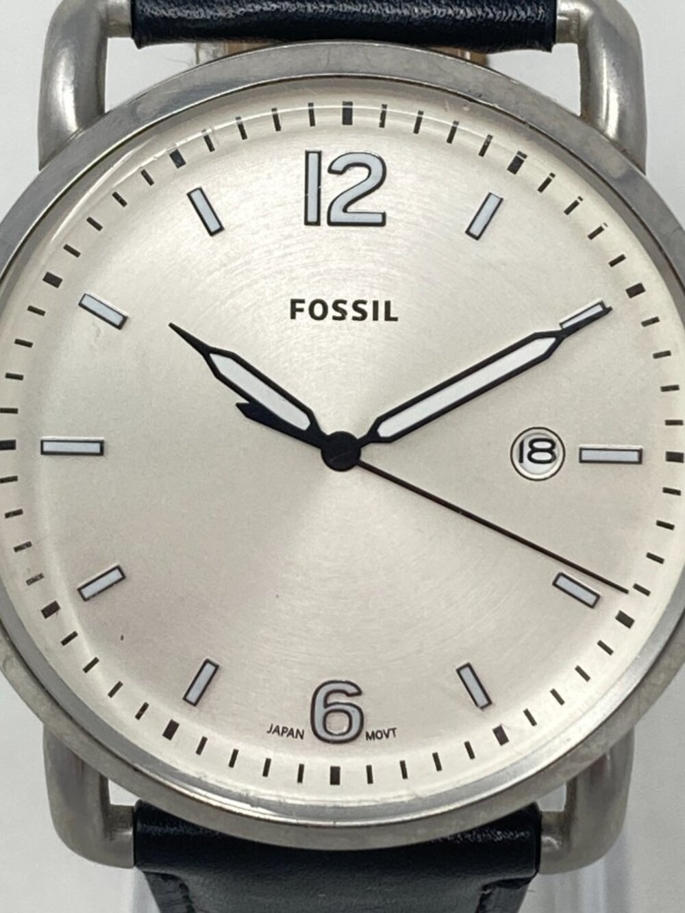 Fossil Commuter Mens Watch 52mm Silver Tone Date Black Leather New Battery - Picture 2 of 15